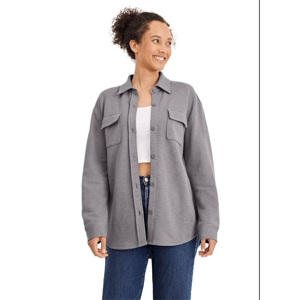 🌸 Jockey Gray Oversized French Terry Shacket With Pockets Size XS New
